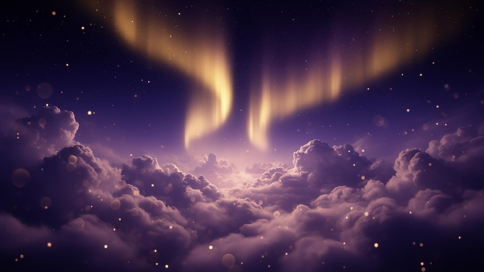 Aurora light beams over violet clouds